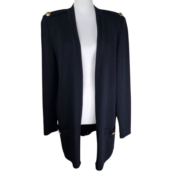 St. John Santana Knit Open Cardigan Sweater L Black Gold Button Quiet Luxury - Picture 1 of 9